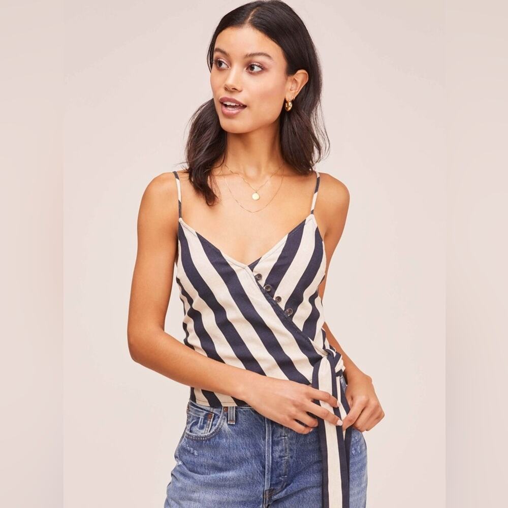 ASTR The Label Farrow Striped wrap top Navy & natural size XS